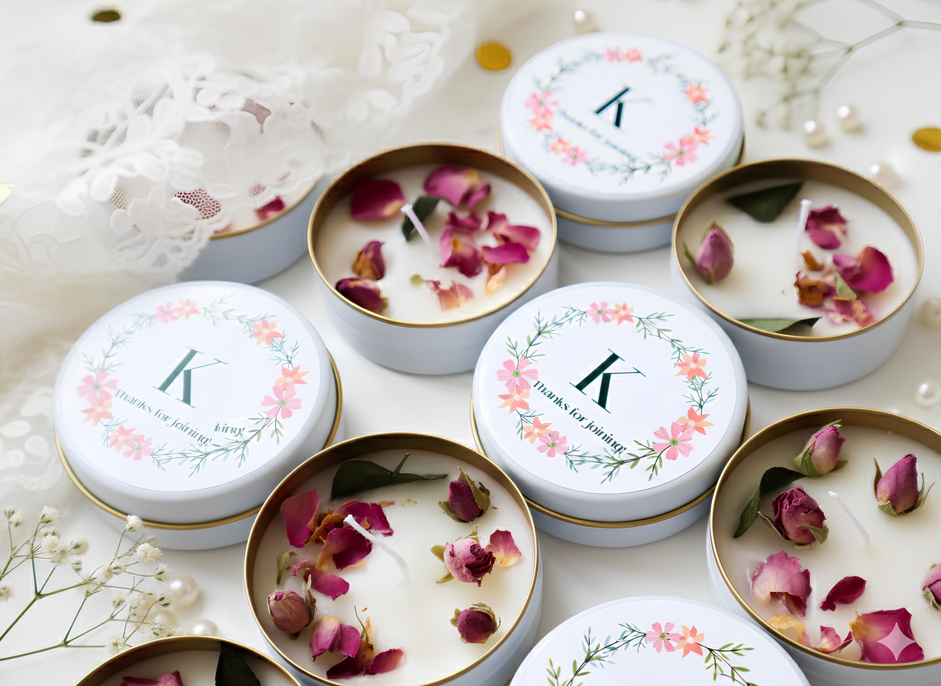 Blush Floral Wedding Favor Candles: Personalized Gold Tin, Bulk Bridal ...