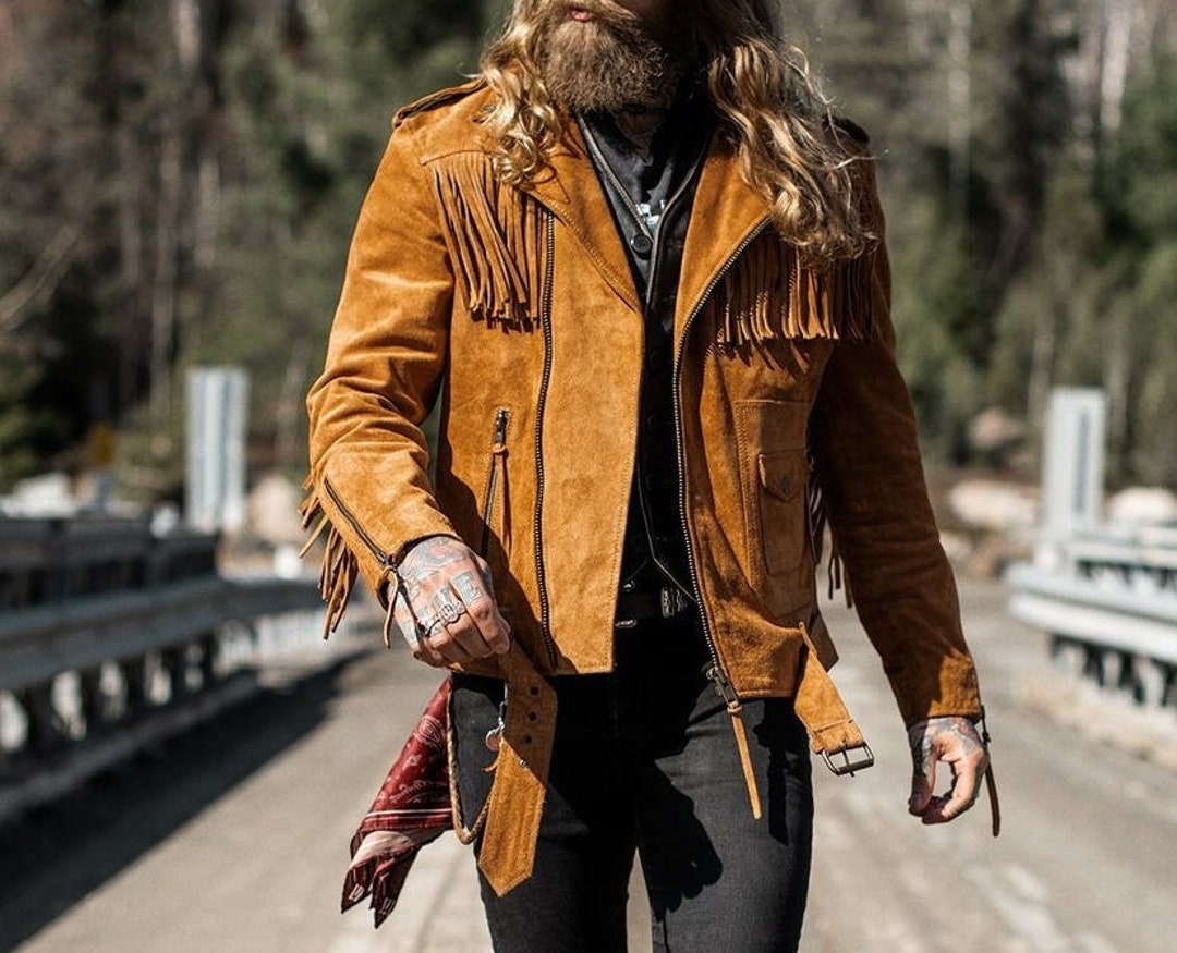 Men's Brown Western Style Suede Leather Tassel Jacket - Etsy