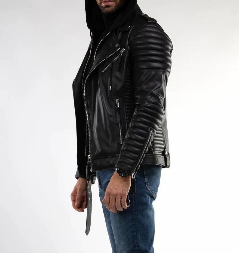 Black Men's Stylish Zipper Jacket Genuine Sheepskin Leather Jacket