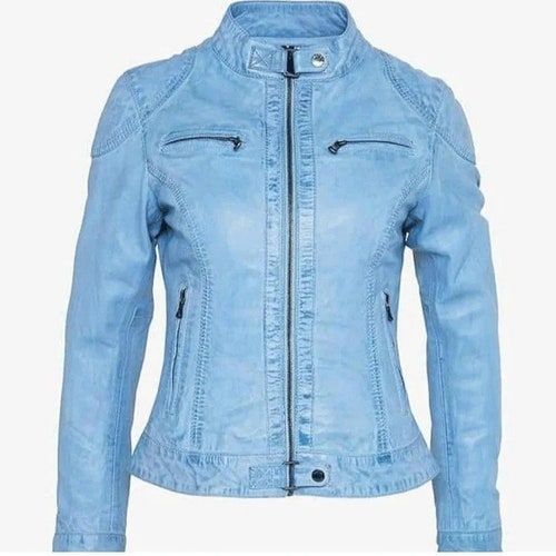 Classic Women's Genuine Lambskin Real Leather Blue Jacket - Etsy