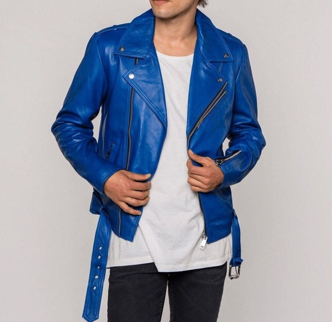 Handmade Men's Blue Genuine Lambskin Leather Biker Jacket - Etsy Canada