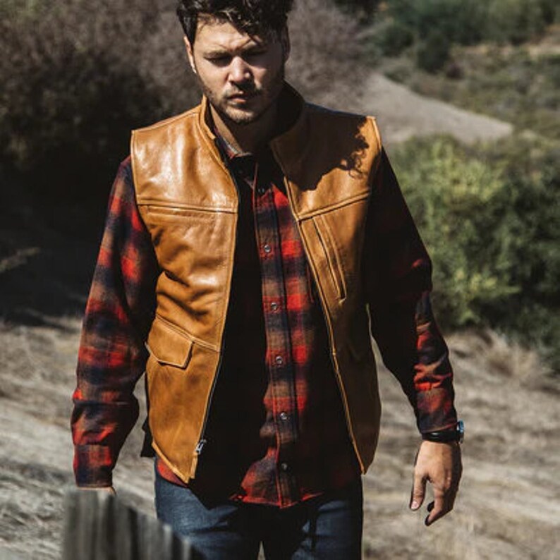 Men Brown Leather Vest Men Tan Brown Distressed Leather Biker Etsy