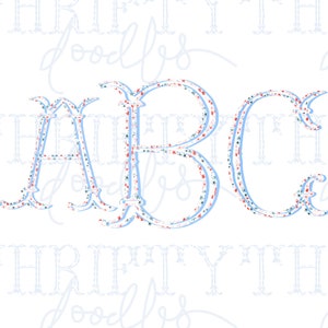 May include: The letters A, B, and C are outlined in blue and filled with a pattern of red and white stars. The letters are on a white background with a faint blue pattern.