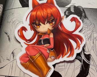 Puede incluir: Una pegatina con un personaje de dibujos animados con cabello rojo, que lleva un atuendo rojo y negro y botas marrones. El personaje tiene orejas de gato y cola.