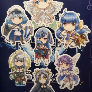 May include: Seven colorful anime character stickers with white borders. The characters are all female and have large eyes. The stickers are on a blue background.