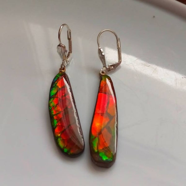 Sterling Silver Ammolite Earrings, Red/Green Gemstone Dangles, Artisan Crafted Jewelry, Perfect Gift for Her