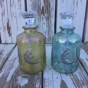 Iridescent Potion Bottle, Moon Water Jar, Decorative Bottle, Silver Moon Charms, Altar Bottle, Storage Jar, Herb Bottle, Potion Bottle
