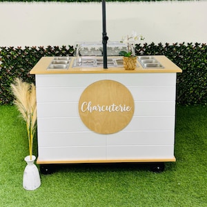Ematik Charcuterie Cart 4ft Shiplap Style -THE CLASSY- Portable Snack Bar Catering Candy Cart White Color