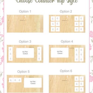 May include: Six different countertop options for a beverage dispenser. The options include a plain countertop, a countertop with a grid of nine squares, and four countertop options with a cutout for an ice pan.
