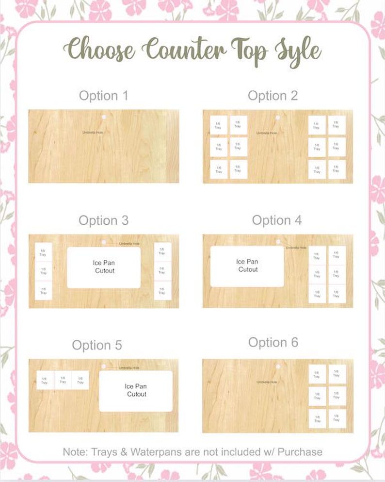 May include: Six different countertop options for a beverage dispenser. The options include a plain countertop, a countertop with a grid of nine squares, and four countertop options with a cutout for an ice pan.