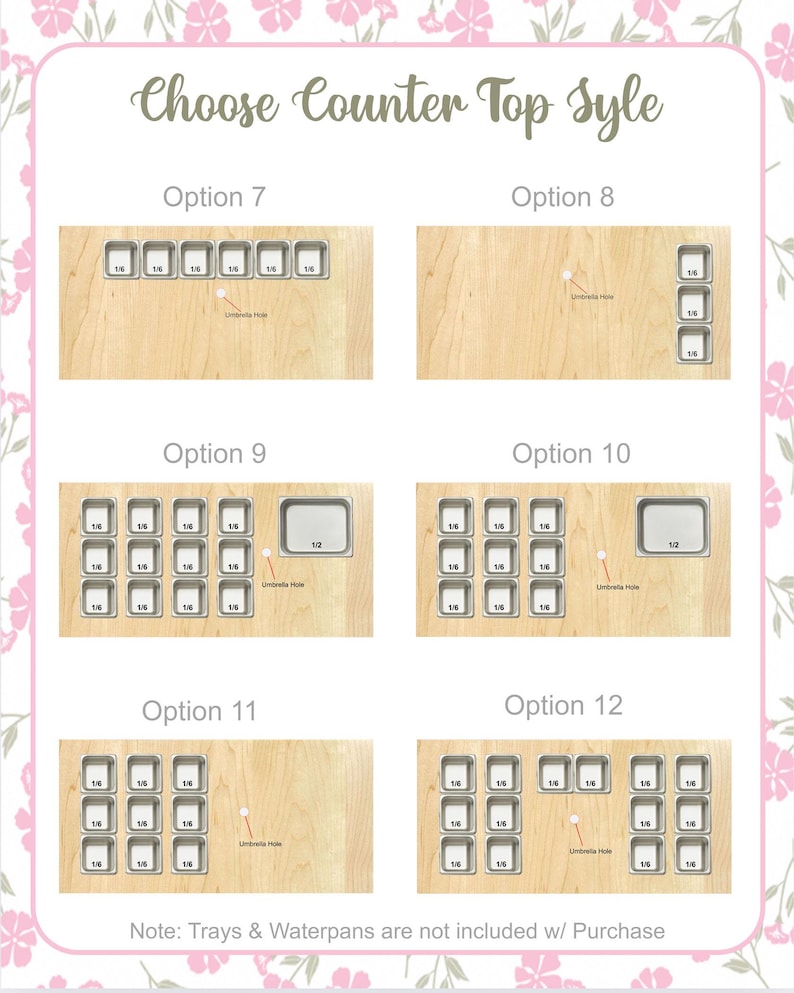 Pu&ograve; includere: Un grafico che mostra sei opzioni di stile per il piano di lavoro. Ogni opzione presenta una superficie in legno con varie disposizioni di vassoi di metallo etichettati con frazioni. Il testo "Choose Counter Top Style" &egrave; in alto. La nota in basso dice "Note: Trays & Waterpans are not included w/ Purchase."