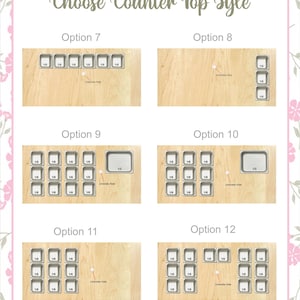 May include: A graphic displaying six counter top style options. Each option presents a wooden surface with different arrangements of metal trays labelled with fractions. The text "Choose Counter Top Style" is at the top, with the note "Trays & Waterpans are not included w/ Purchase" at the bottom.