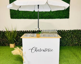 Ematik Eco Foldable 4ft Charcuterie Cart Collapsible Catering Snack Bar Wooden Table Mobile Display Bottom White