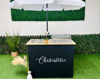 Ematik Eco Foldable 4ft Charcuterie Cart Collapsible Catering Snack Bar Wooden Table Mobile Display Cart Flat Bottom Black