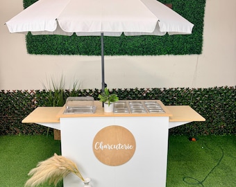 Ematik Eco Foldable 4ft Charcuterie Cart with Side Tables Collapsible Catering Snack Bar Wooden Table Mobile Display Bottom White