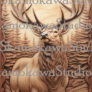 Digital Design File - Elk with trees - Glowforge - Laser Ready - Engrave - SVG - Wood Engraving - 3D Illusion -  Xtool - Lightburn