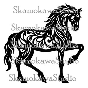 May include: Black and white silhouette of a horse with intricate floral designs throughout its body. The horse is standing on its hind legs with its front legs raised.