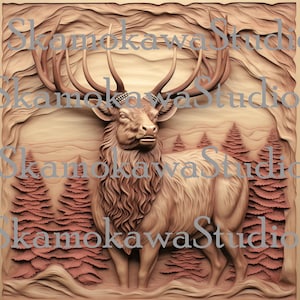 Digital Design File - Elk with trees - Glowforge - Laser Ready - Engrave - SVG - Wood Engraving - 3D Illusion -  Xtool - Lightburn