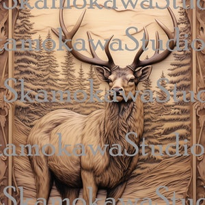 Digital Design File - Elk with trees - Glowforge - Laser Ready - Engrave - SVG - Wood Engraving - 3D Illusion -  Xtool - Lightburn