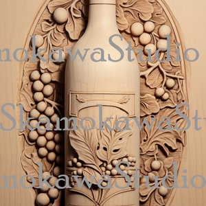 May include: A wooden wine bottle with a carved design of grapes and leaves. The bottle is on a wooden background with the text "Skamokawa Studio" repeated three times.
