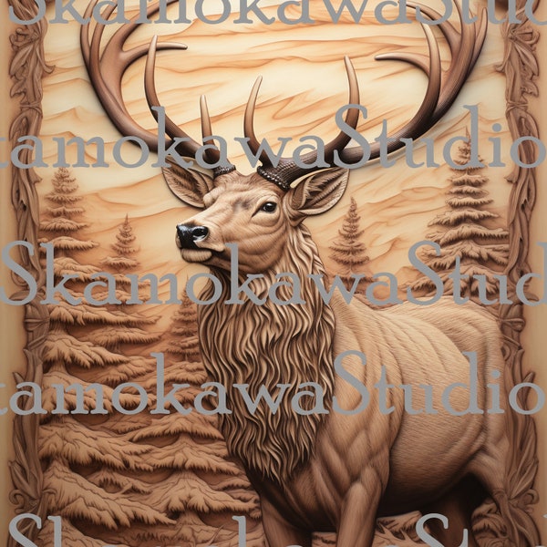 Digital Design File - Elk with trees - Glowforge - Laser Ready - Engrave - SVG - Wood Engraving - 3D Illusion -  Xtool - Lightburn