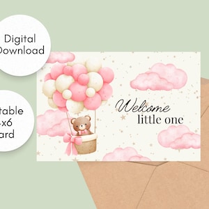 Cartão de boas-vindas para bebê para impressão, bebê rosa, cartão de chá de bebê, cartão comemorativo, cartão de bebê urso rosa, download instantâneo