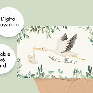 Afdrukbare babyshowerkaart, groene ooievaar, genderneuraal, wenskaart, welkom baby, nieuwe babykaart, ooievaarskaart, digitale kaart, instant