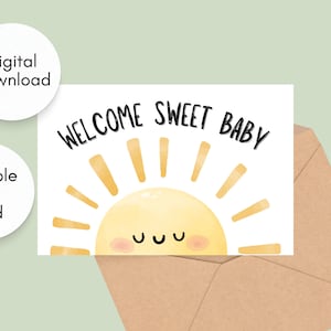Biglietto per baby shower stampabile, benvenuto dolce bambino, biglietto di auguri, biglietto per neonato, sole, genere neutro, benvenuto neonato, download istantaneo