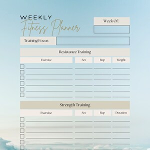 Printable Weekly fitness planner, workout tracker, strength training planner, cardio planner, health planner