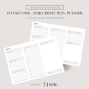 May include: A printable daily reflection planner with sections for morning and evening. The planner includes sections for gratitude, goals, and reflections. The planner is available in A4, A5, A6, and letter sizes.
