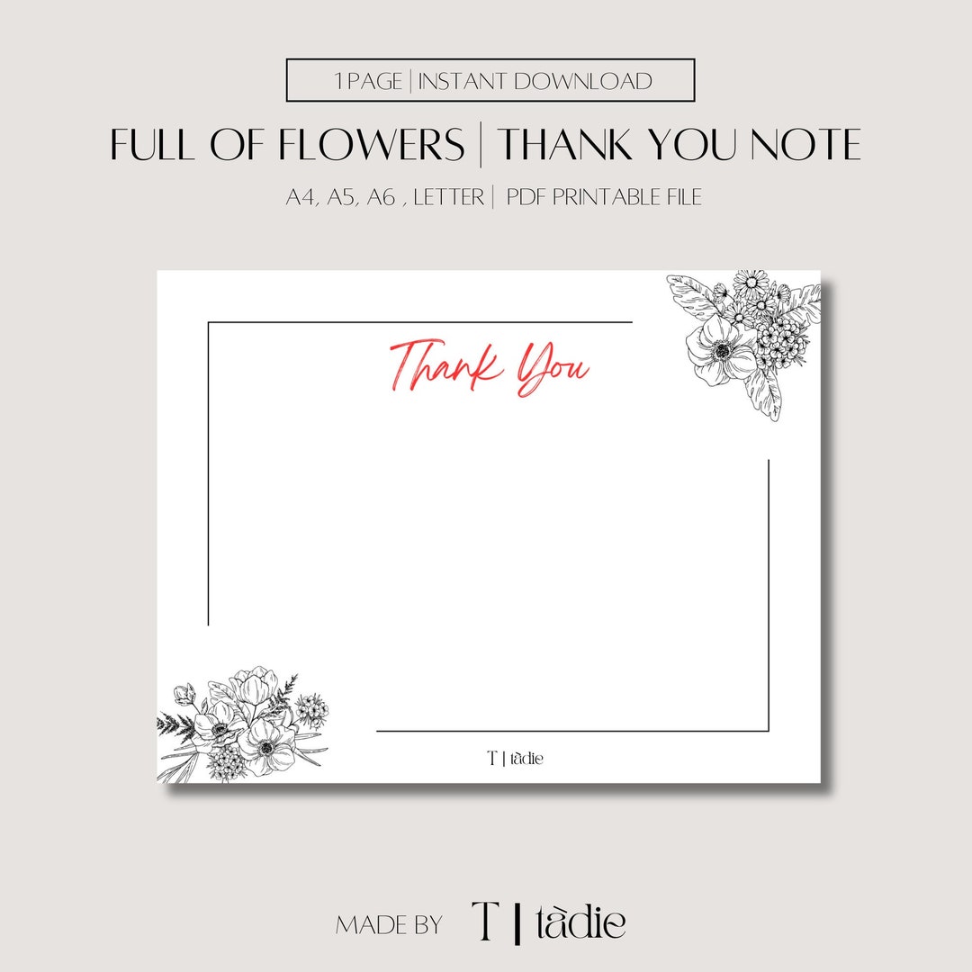 Floral Thank You Note Card: Printable A4 Note Planner (digital Download ...