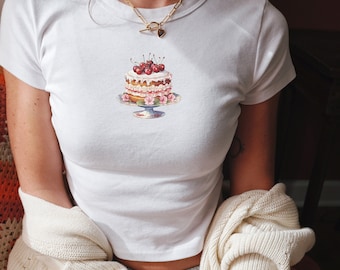 Cherry Cake Baby Tee, Coquette Clothing, Y2k Baby Tee, Coquette Vintage Graphic, 00s nostalgia, Cottagecore, Girlcore