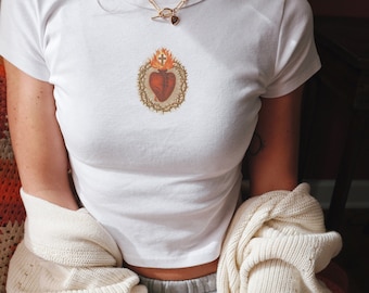 Sacred Heart Baby Tee, Y2k Baby Tee, Aesthetics, 90s style Baby Tee, Coquette Clothing, Trending Shirts, Cyber y2k