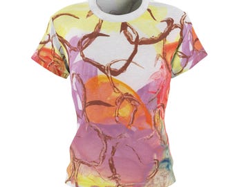 Ruby Skye Cut & Sew T-shirt, T-shirt abstracte kunst, shirt Summer Vibes, uniek cadeau voor haar, kunstzinnige vrijetijdskleding
