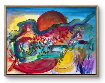 Originele zonsondergang onder de zee-aquarel, abstracte kunst, wanddecoratie, kunstprint, hedendaagse kunst, kunst op papier