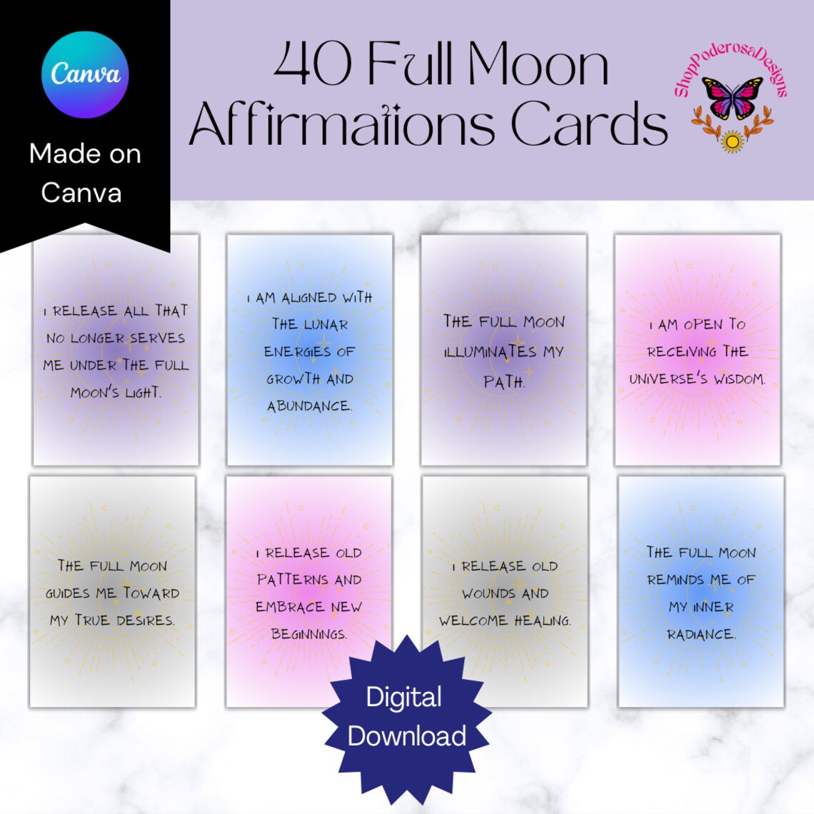 Full Moon Affirmation Cards Digital Download Positive Lunar Etsy