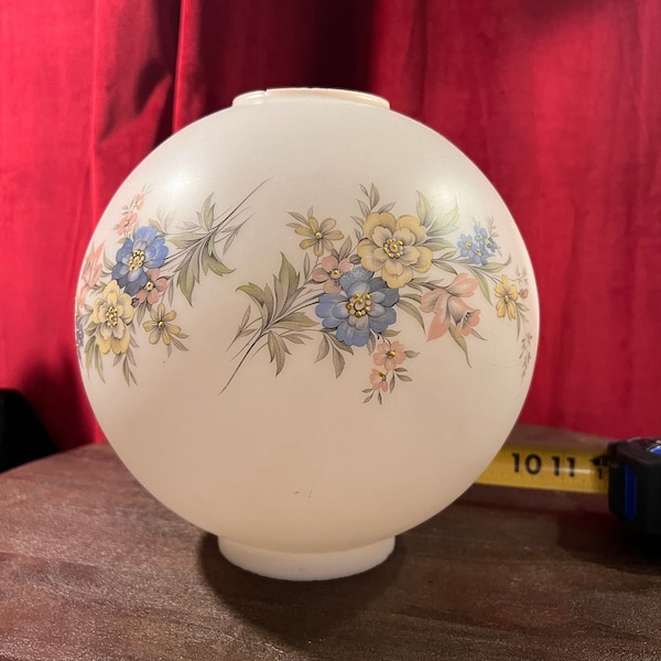 Vintage White Frosted Glass Victorian 10” Hurricane Lamp Shade Globe with Floral Decoration & Hand-Painted Embellishments