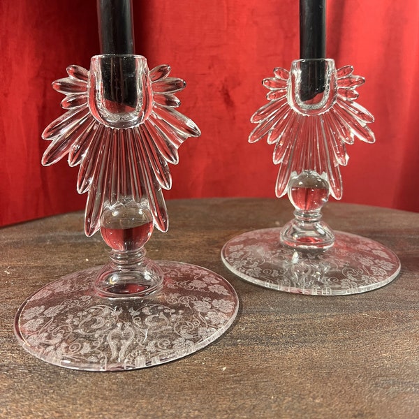 Set of Two (2) Vintage Candlestick Holder, New Martinsville Florentine Etched Pattern Clear Glass Crystal Antique Art Deco Hollywood Regency