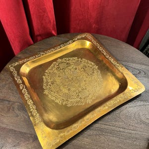 Vintage brass tray, rectangle brass tray, engraved Moroccan tray, bohemian decor, gold home decor