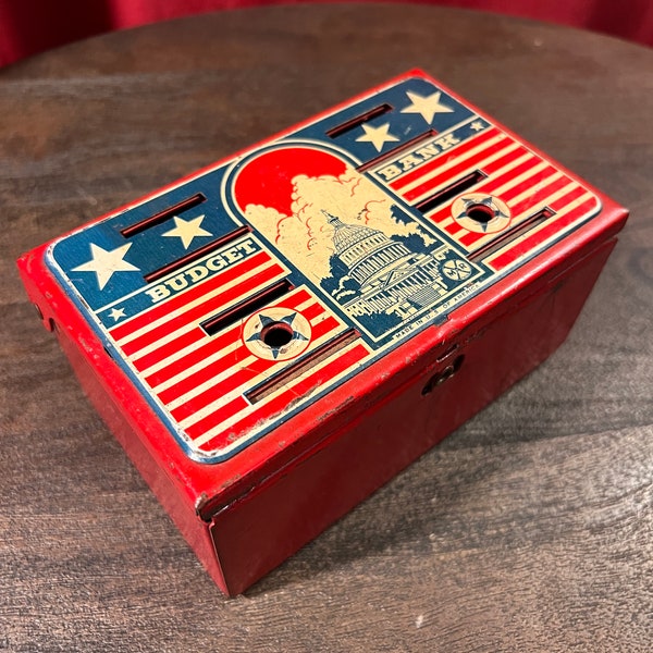 Vintage Red Toy Tin Coin Bank, Marx Toys Budget Bank, Red White and Blue USA, Vintage Kid's Toys, Rustic Tin Savings Bank