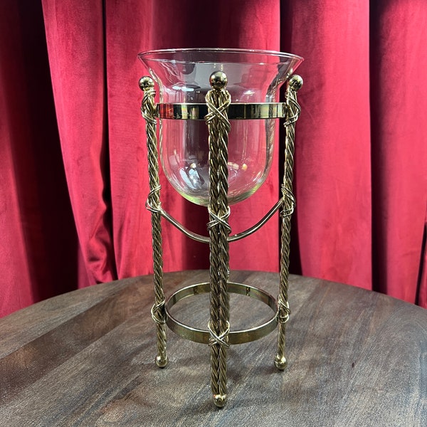 Vintage Hollywood Regency Style Brass Rope and Glass Candle Holder