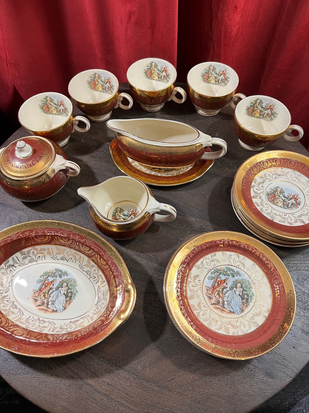 Bromley T015 Red and Gold China, 20 Piece Set, Vintage Tea Cups