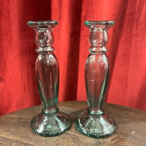 Vintage 9” Vidrios San Miguel Authentic Recycled Art Glass Candlestick Holder - Handcrafted Sea / Spanish Aqua Blue Green Glass with Bubbles