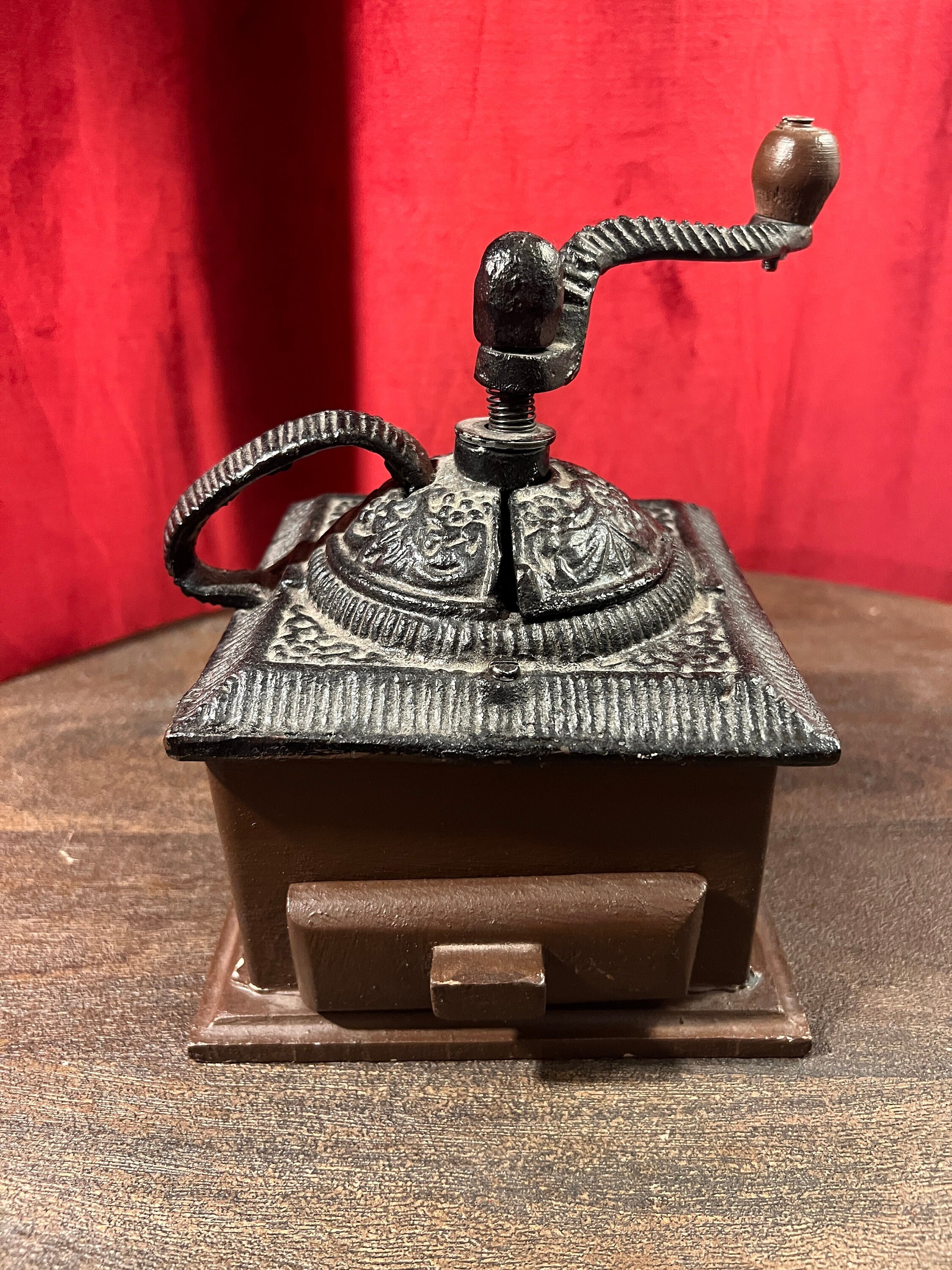 Vintage 1900's Solid Wood and Cast-Iron Coffee Grinder, Very Rare! Oak Wood Trim, Gorgeous Farmhouse Antique, Excellent Condition