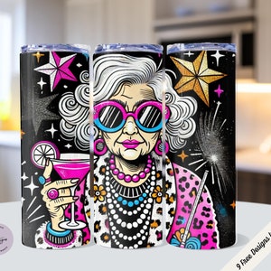 Retro Glam Grandma 20oz Tumbler Sublimation PNG Digital File Sassy Granny with Cocktail and Leopard Print Fun Old Lady Nightlife PDF and PNG