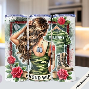 Military Wife Tumbler Wrap, Military Boots, Proud Patriotic Wife, US American Flag, 20 Oz Skinny Sublimation Tumbler Wrap Digital Design PNG