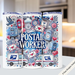 Postal Worker 20 oz Skinny Tumbler Wrap Sublimation Design, Cute Mail Carrier Letter Stamp Collage, Digital Download PNG