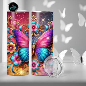 20oz Skinny Tumbler Wrap Sublimation, Glitter Butterfly Tumbler Wrap, Vibrant 3D Butterfly PNG, Mom Gift Butterflies Tumbler Wrap,
