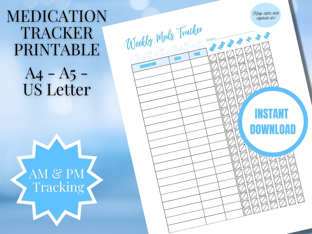 Medication Log Chart Printable Medicine Tracker Daily Weekly Pill Tracking Sheet Supplement ...