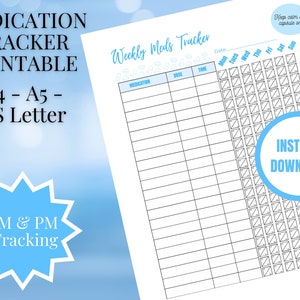Medication Log Chart Printable Medicine Tracker Daily Weekly Pill Tracking Sheet Supplement Chart Prescription Schedule Reminder Sheet
